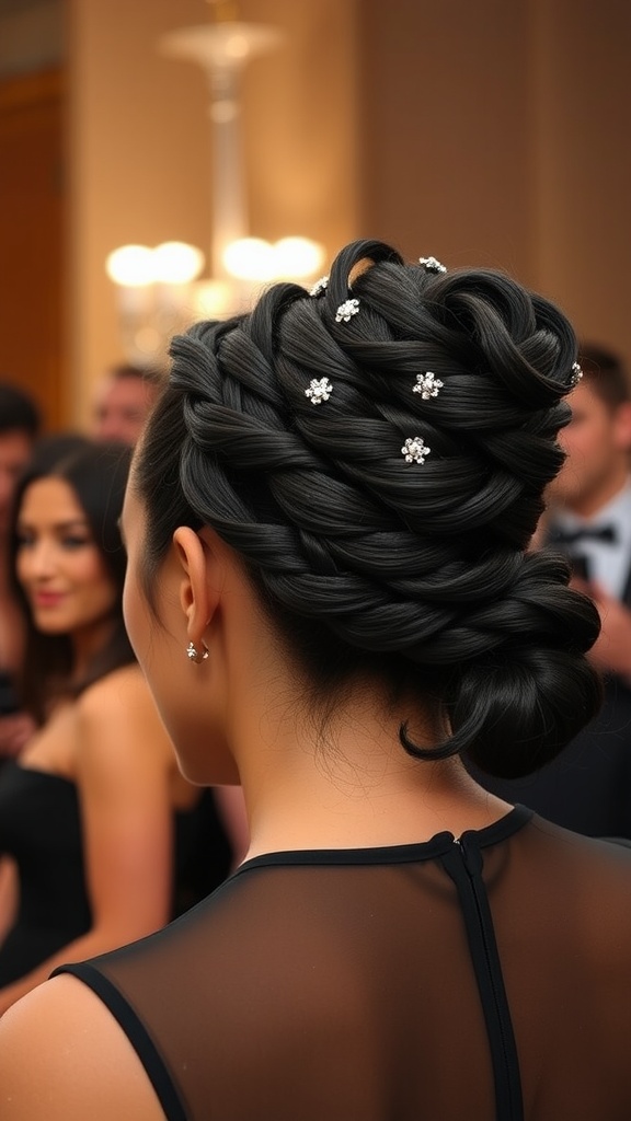 A sophisticated updo featuring intricate braids and floral embellishments, perfect for formal occasions.
