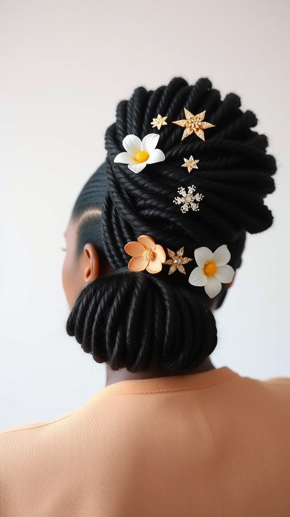 A beautiful updo hairstyle featuring twisted locs adorned with flowers and decorative pins.