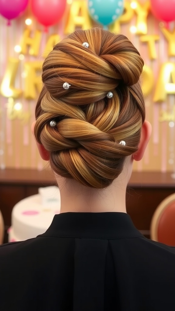Elegant updo hairstyle featuring twists and decorative rhinestones, perfect for a birthday celebration.