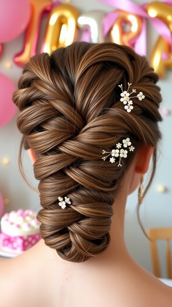 A beautiful updo hairstyle featuring twists and braids, adorned with floral hairpins, perfect for a birthday celebration.