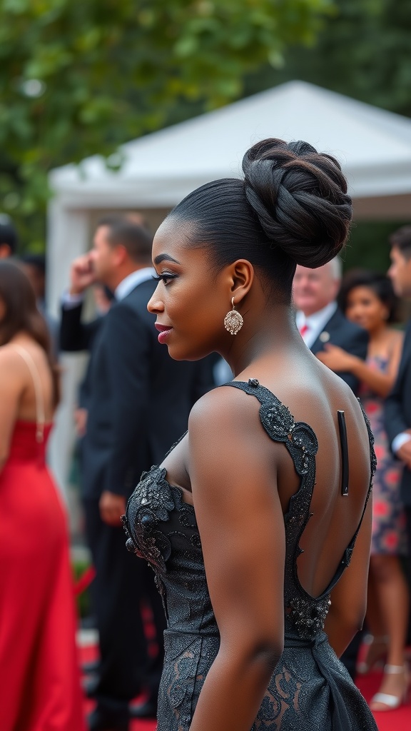 A woman with a stylish updo hairstyle attending a formal event, wearing an elegant black gown.