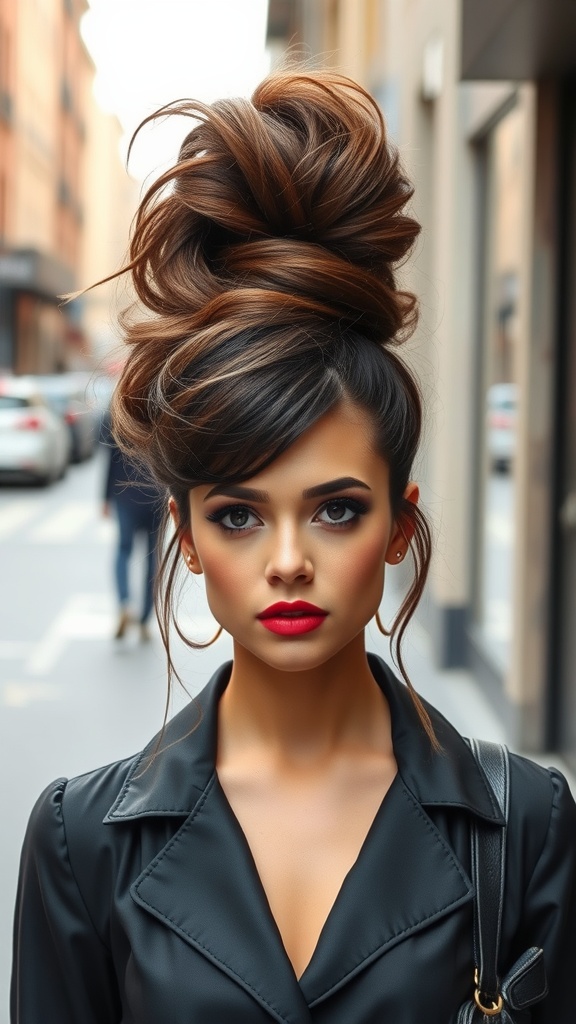 A stylish woman with a high, voluminous ponytail, showcasing an elegant yet playful look.