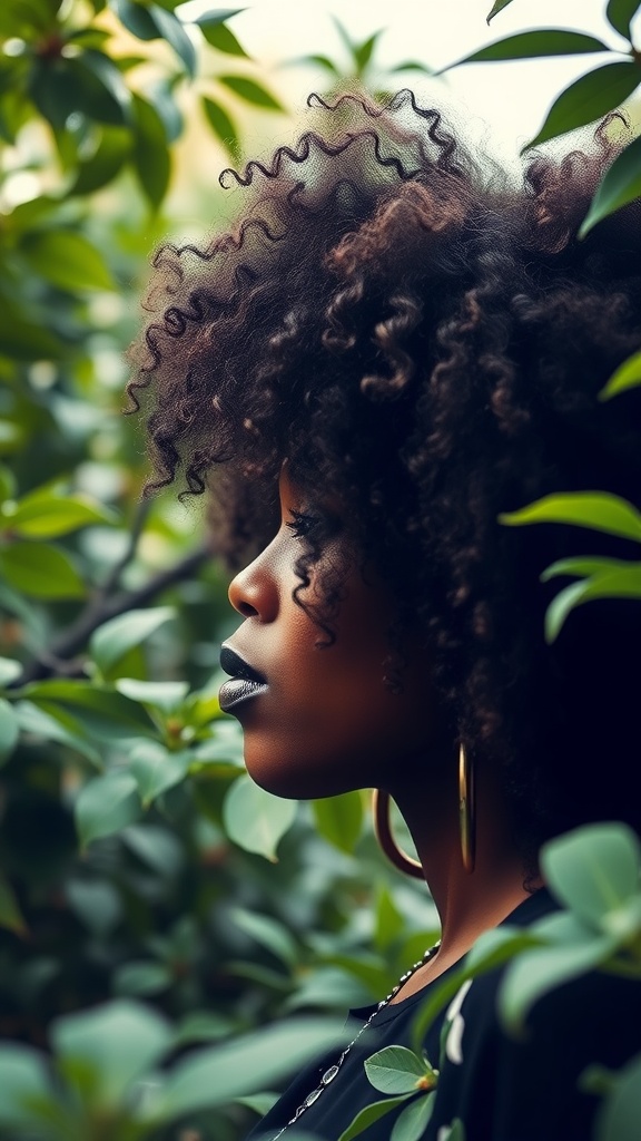 A woman with curly hair stands among green leaves, showcasing her natural hairstyle.