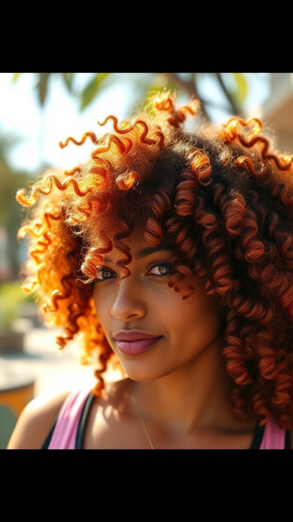 A woman with vibrant orange curly hair, showcasing natural curls.