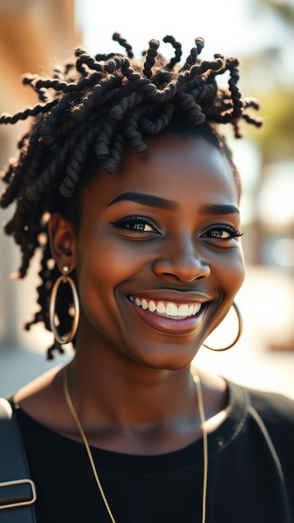 A woman smiling with defined twists in her curly hair, showcasing a confident and vibrant look.