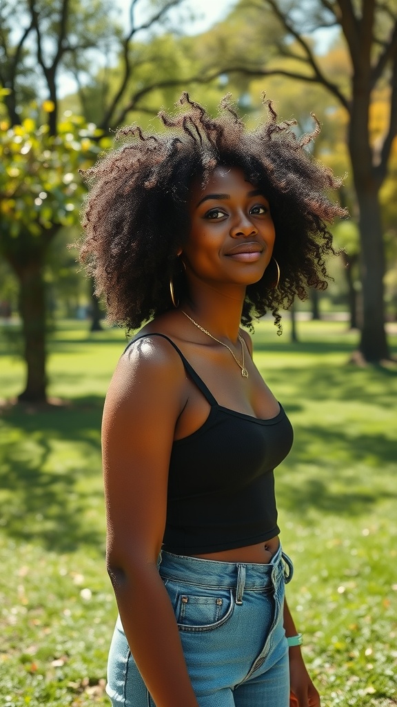 A woman with natural 4b hair smiling outdoors in a park.