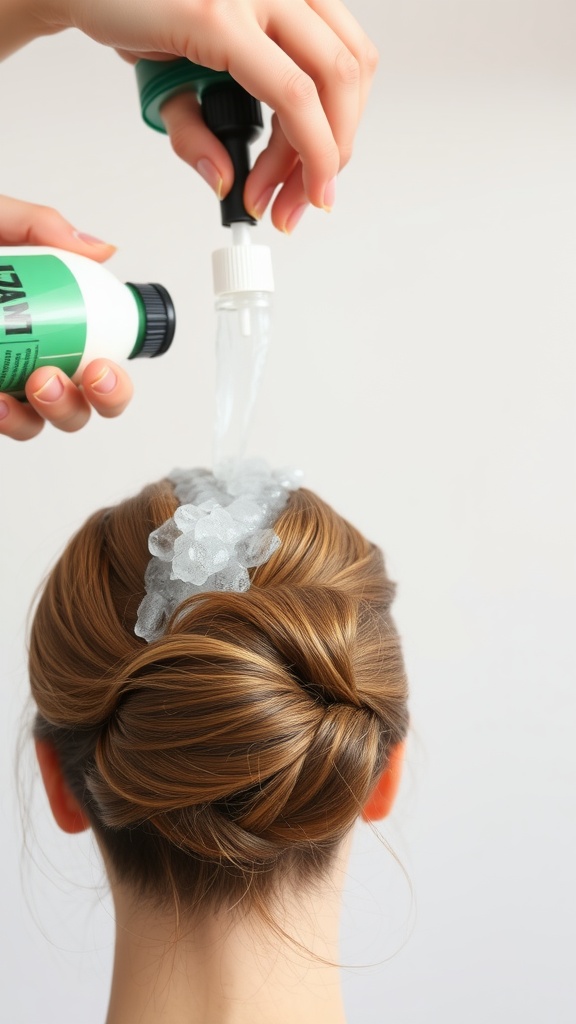 A person applying a hair product to enhance volume and texture on a slick back bun.