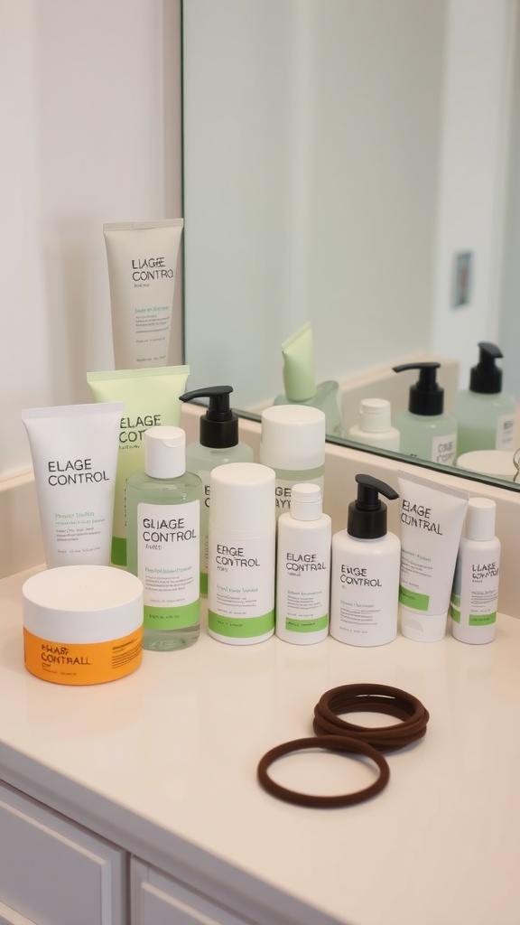 A collection of hair care products and hair ties on a bathroom counter, ready for styling a slick back bun.