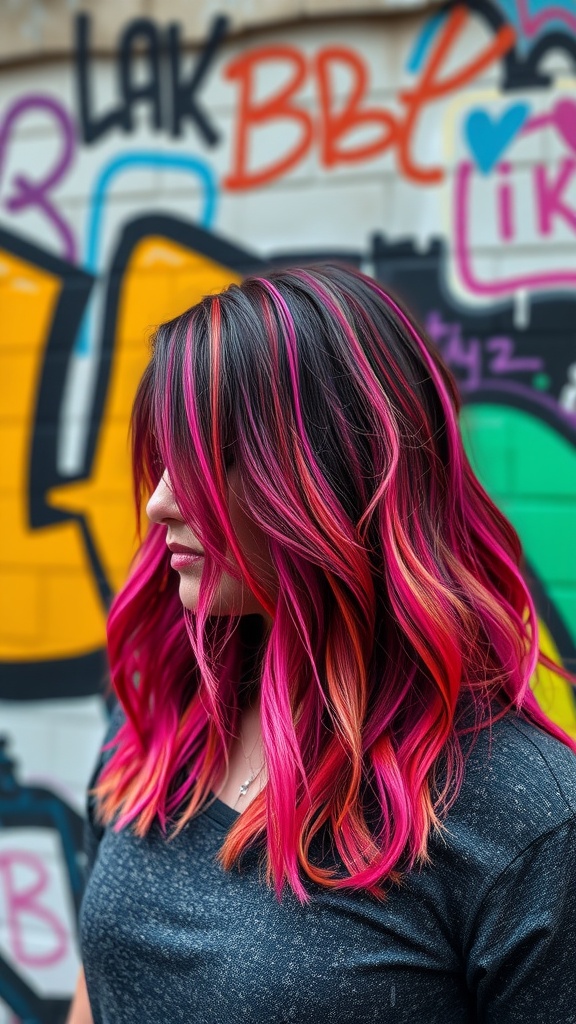 A woman with vibrant pink and orange hair standing in front of a colorful graffiti wall.