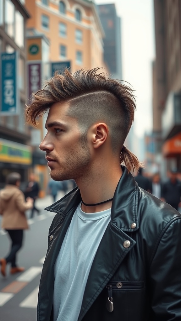Man with a modern fade and mullet hairstyle, wearing a leather jacket in an urban setting
