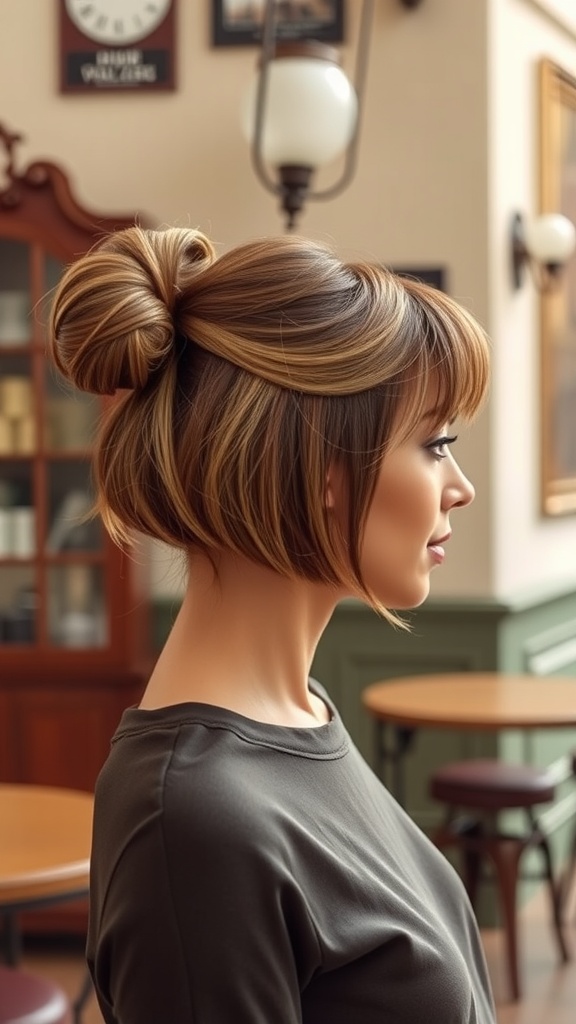 A woman with a faux bob ponytail hairstyle, showcasing soft waves and highlights.
