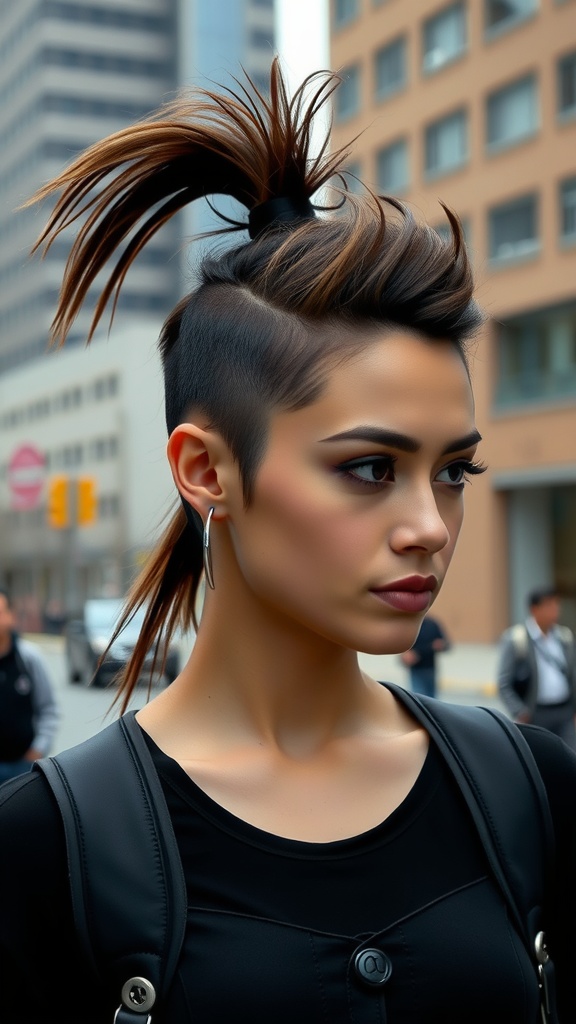 A stylish woman with a faux hawk mid ponytail hairstyle, showcasing shaved sides and a high ponytail on top.