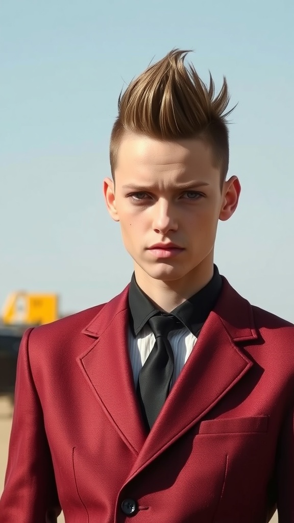 A young man with a faux hawk hairstyle, wearing a tailored burgundy suit with a black tie.