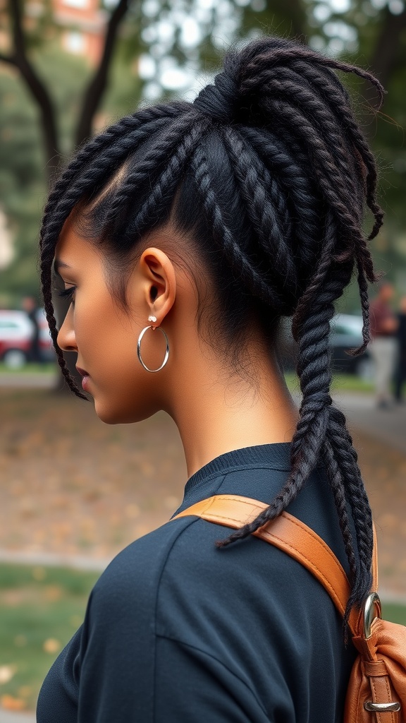 A stylish woman with a faux locs braided ponytail, showcasing intricate braiding and a high ponytail look.