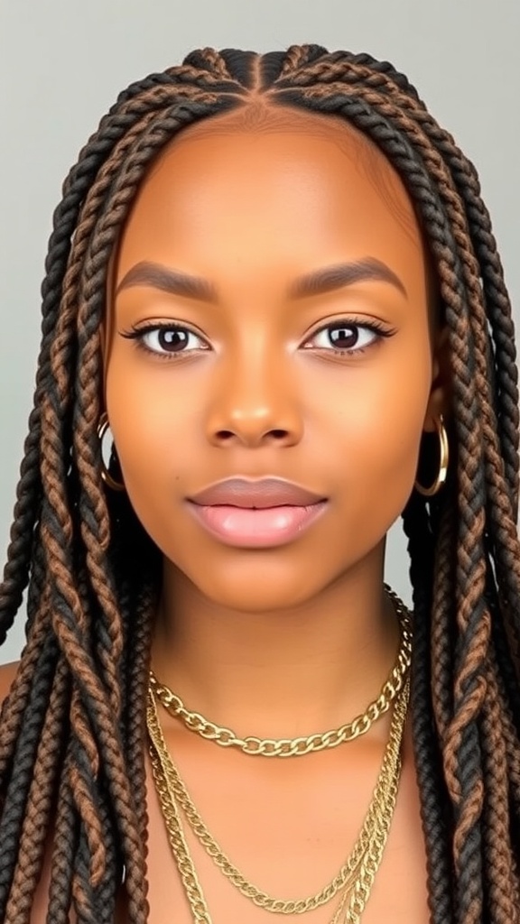 A woman with beautiful faux locs styled in a quick weave, showcasing a mix of dark and light colors, complemented by gold jewelry.