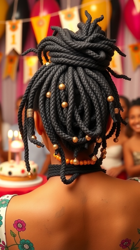 A woman with faux locs styled in an updo, decorated with beads, celebrating a birthday.