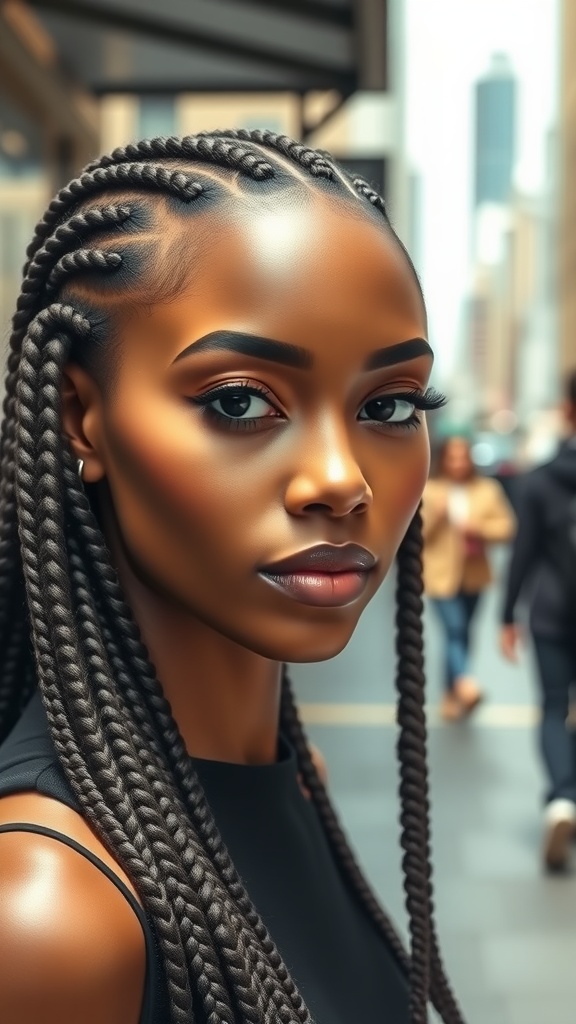 A close-up of a woman with feed-in braids, showcasing a seamless and polished hairstyle in an urban setting.