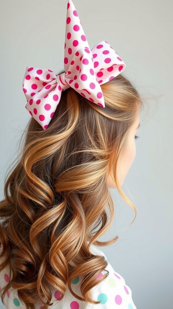 A hairstyle featuring loose waves and a large pink polka dot bow.