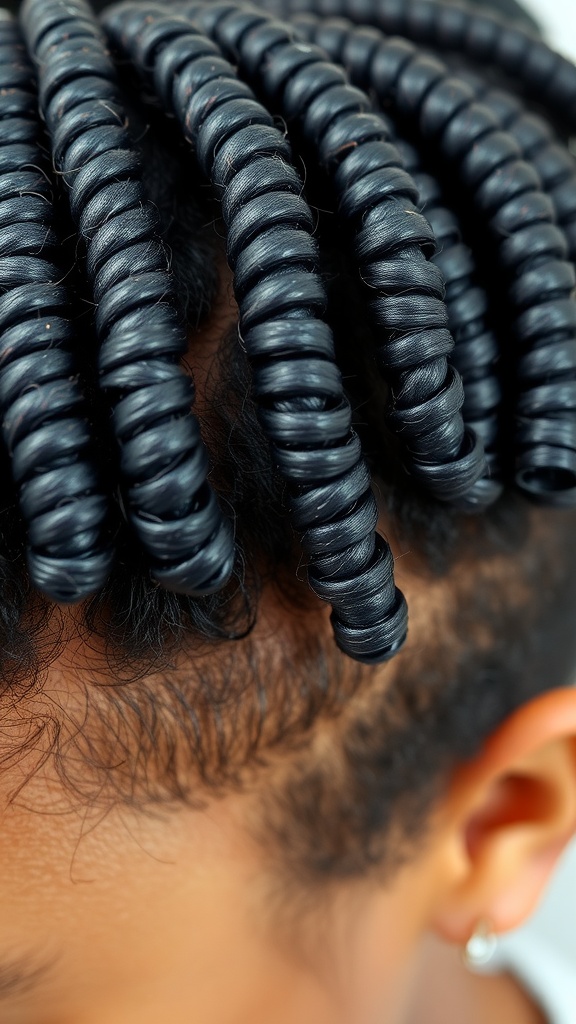 Close-up image of defined finger coils in short natural hair.