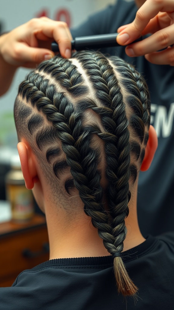 Detailed view of a fishbone braid hairstyle on a person's head, showcasing intricate patterns and an undercut style.