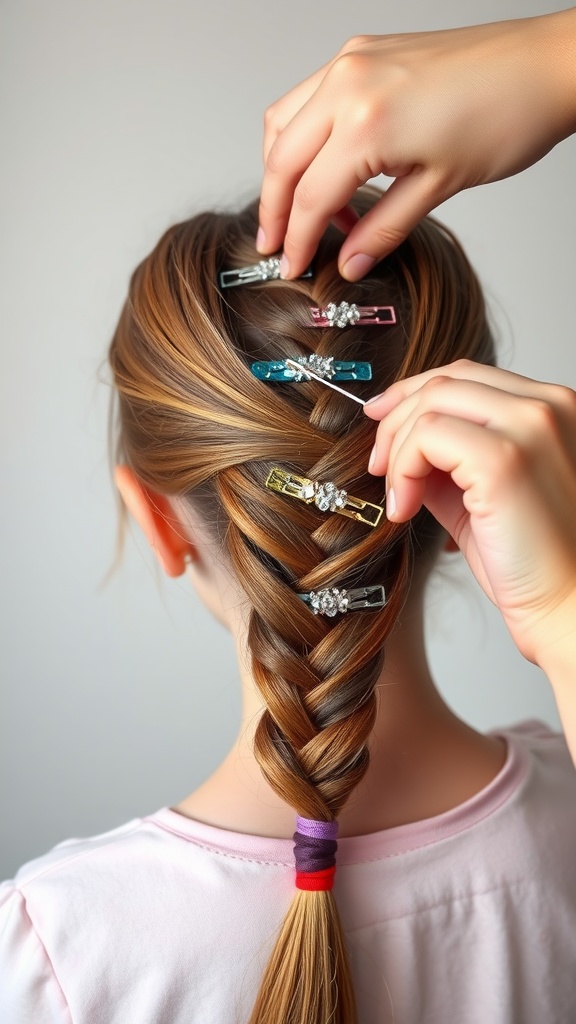 A close-up view of a child’s fishtail braid being styled with colorful hair clips.