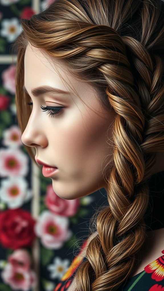Close-up of a fishtail braid hairstyle on a woman with floral background