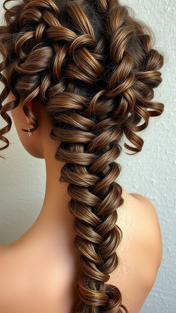 Fishtail braid hairstyle on curly hair showcasing intricate weaving and beautiful brown tones.