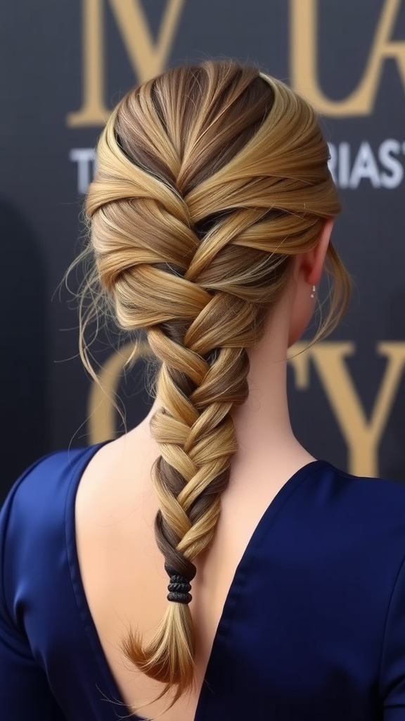A woman with a fishtail braid ponytail, showcasing a blend of light and dark hair colors.