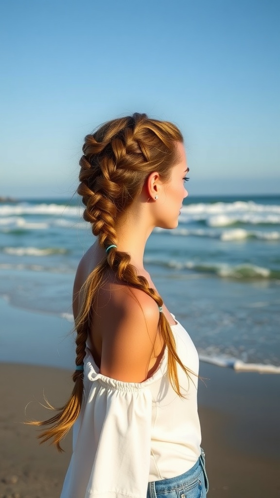 A woman with two fishtail braids flowing into a ponytail by the beach.
