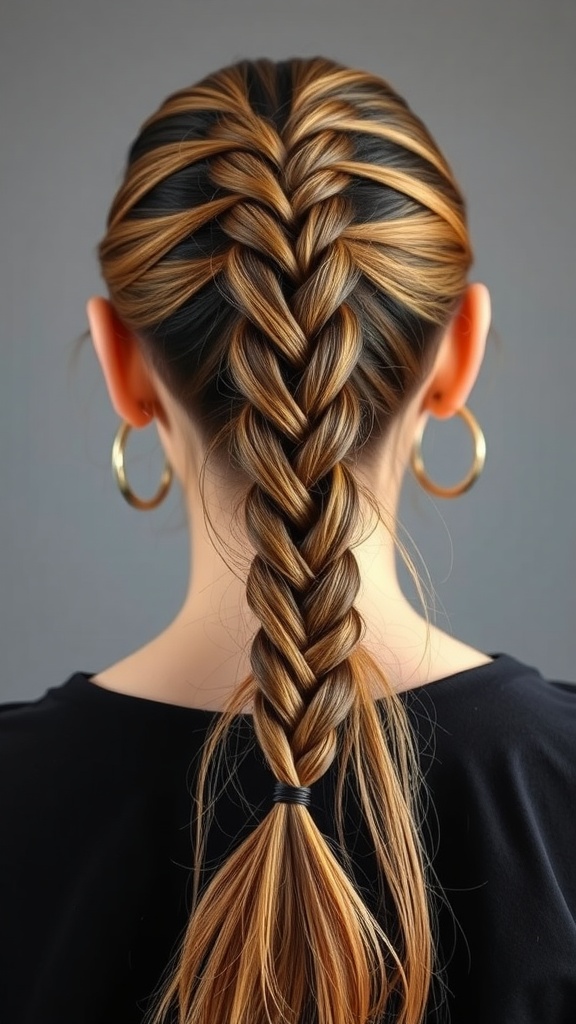 A close-up view of a fishtail braid ponytail showcasing intricate weaving with a blend of brown and blonde hair colors.