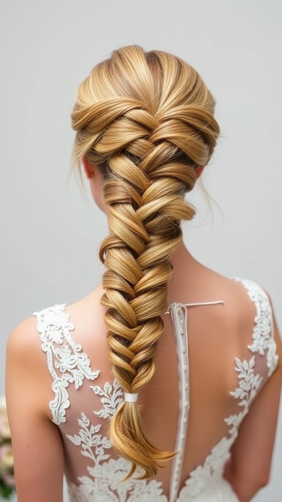 A fishtail braid ponytail hairstyle suitable for weddings, featuring a beautifully styled braid and a polished look.