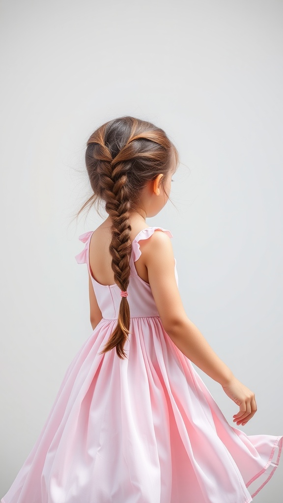 A young girl with a fishtail braid ponytail wearing a pink dress