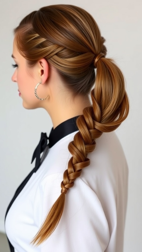 A woman with a fishtail braid ponytail hairstyle, showcasing a neat ponytail and intricate braid.
