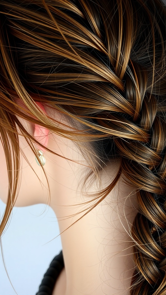 Close-up of a fishtail braid hairstyle with loose strands