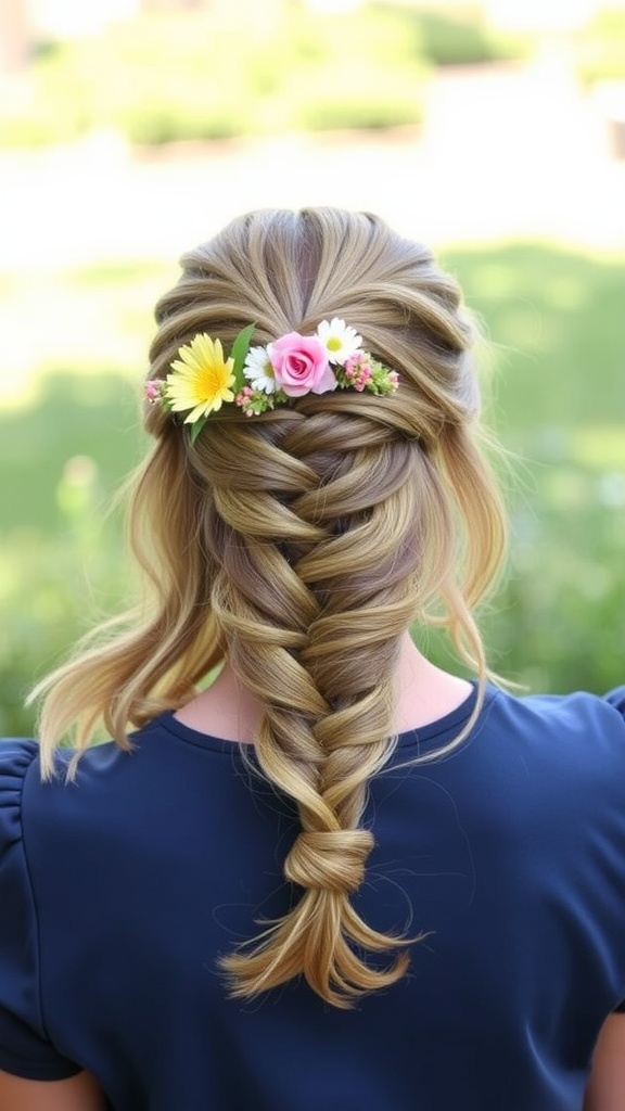 A fishtail braid with floral accents, showcasing a stylish hairstyle for medium length hair.