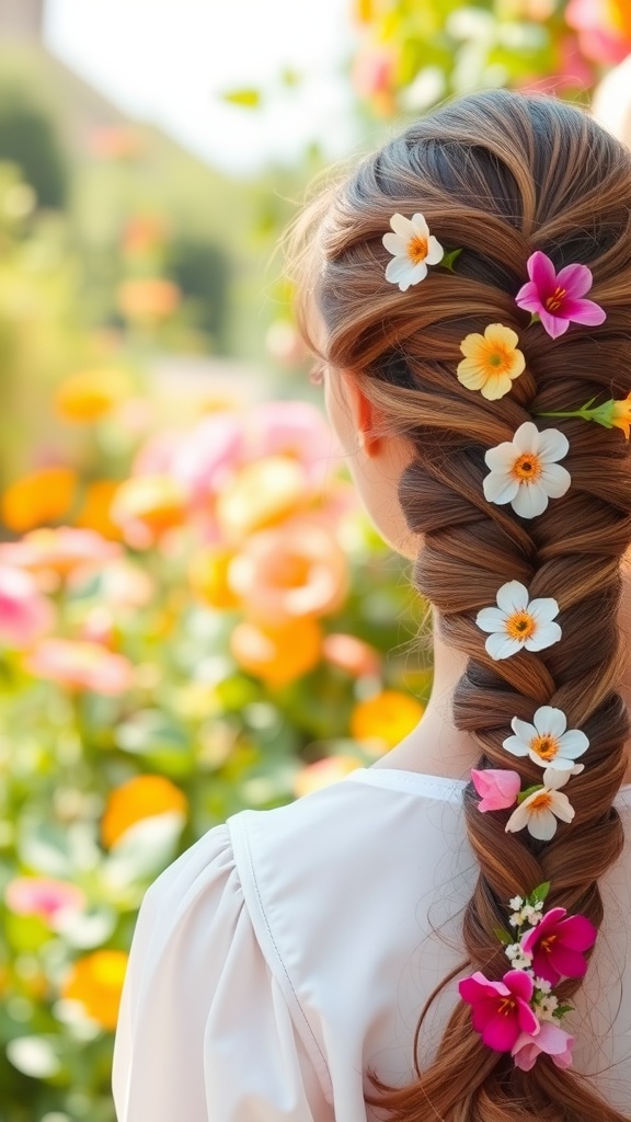 A fishtail braid styled with colorful flowers set against a garden backdrop.