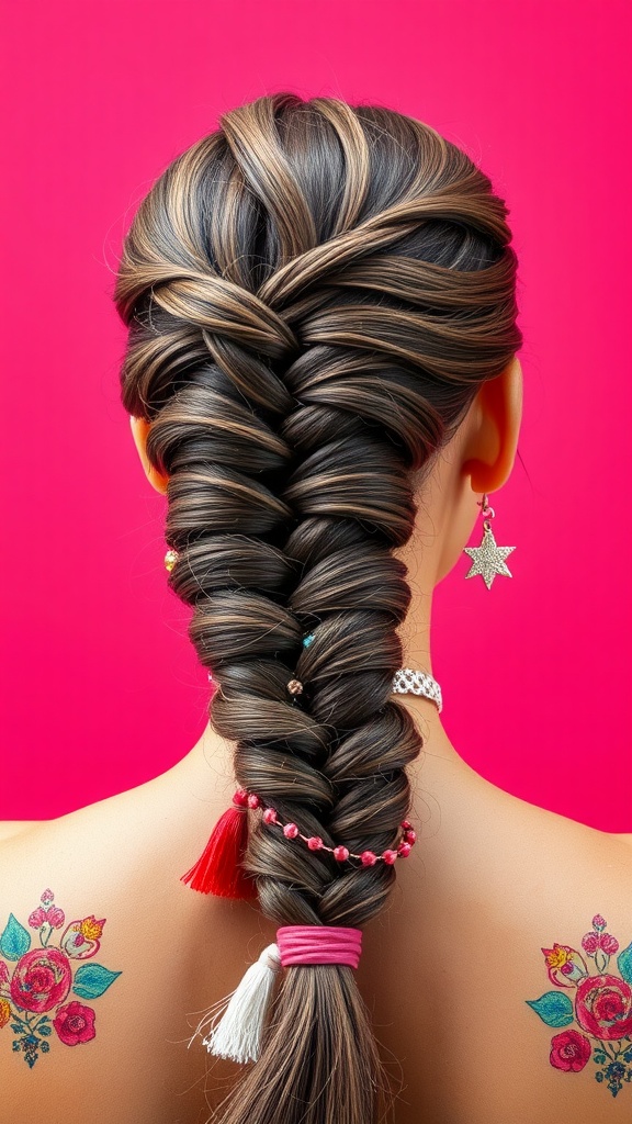 A fishtail braid adorned with colorful hair accessories against a pink background.