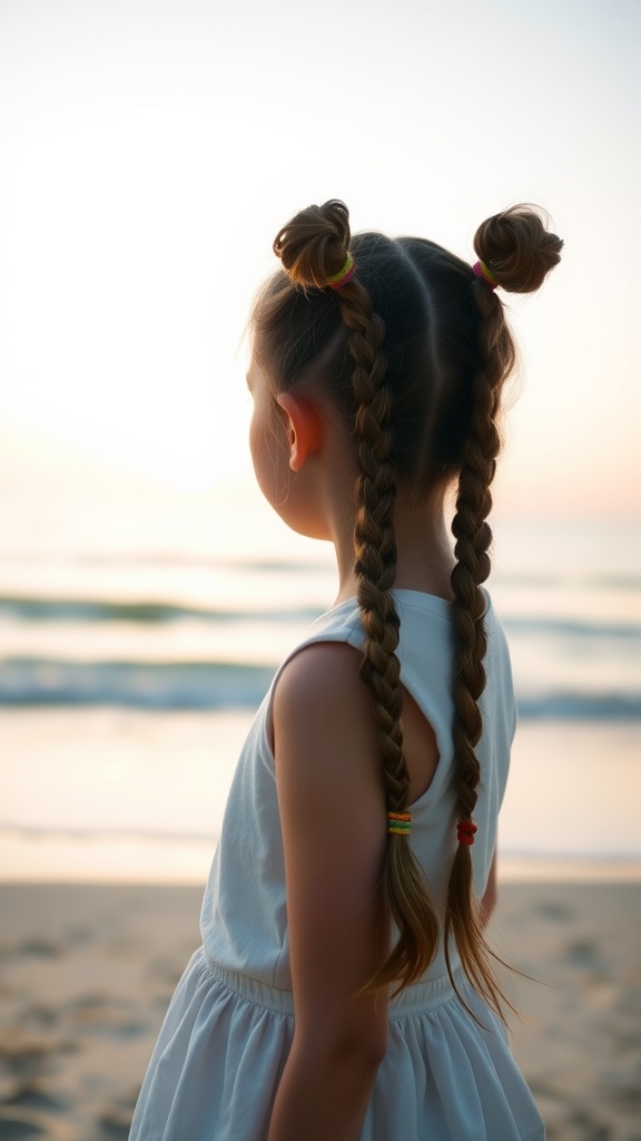 A girl with fishtail braided double ponytails standing by the beach during sunset.