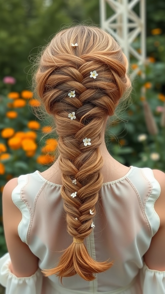 A fishtail braid hairstyle with ginger hair and small white flowers woven into the braid.