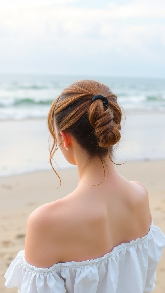 A woman with a fishtail ponytail and bangs, standing on the beach with the ocean in the background.