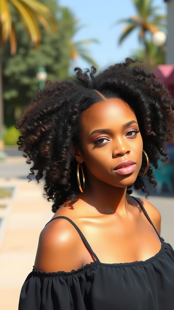 A woman with natural curly hair wearing a black off-shoulder top, showcasing her beautiful curls in a sunny outdoor setting.
