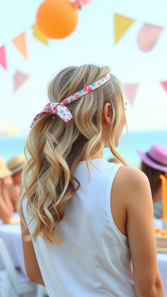 A woman with beachy waves and a patterned headband, enjoying a birthday celebration outdoors.