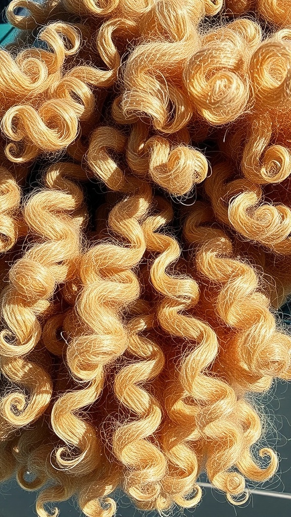 Close-up of fluffy, golden curly hair showcasing tight, springy curls.
