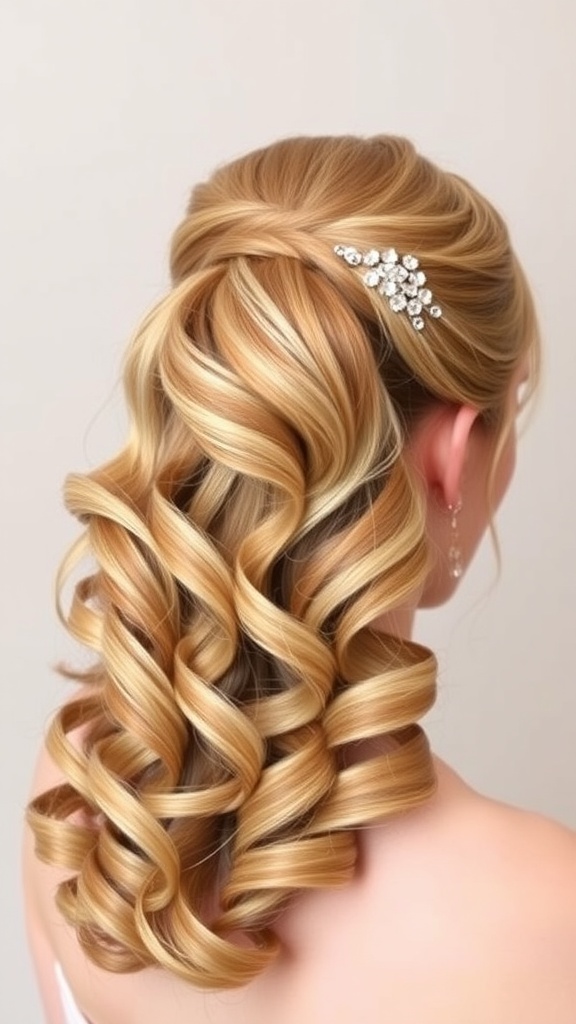 A beautiful half-up ponytail hairstyle with defined curls and a decorative hair accessory.