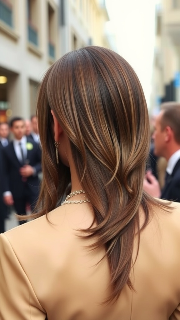 A stylish long mullet hairstyle displayed from the back, emphasizing layers and shine, suitable for formal occasions.
