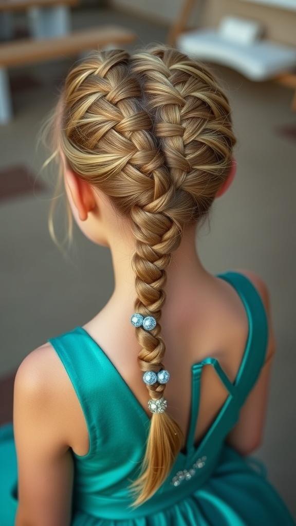 A girl with a four-strand braid adorned with beads, wearing a teal dress.