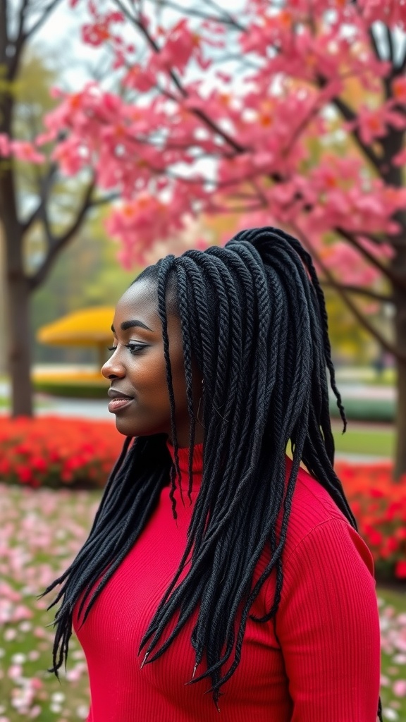 A woman with long freeform locs stands in front of bright pink flowers.