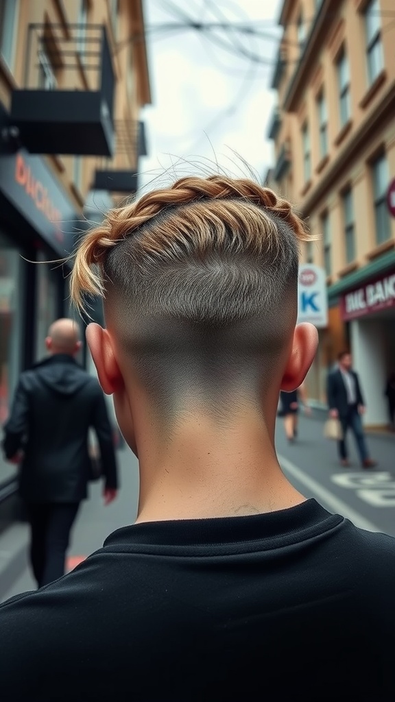 A stylish French braid with an undercut, showcasing a modern hairstyle on a person walking in the street.