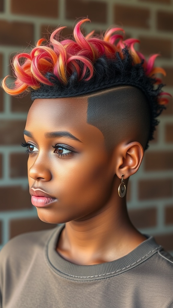 A person with a Frohawk hairstyle featuring vibrant pink and orange curls on top and a clean fade on the sides.