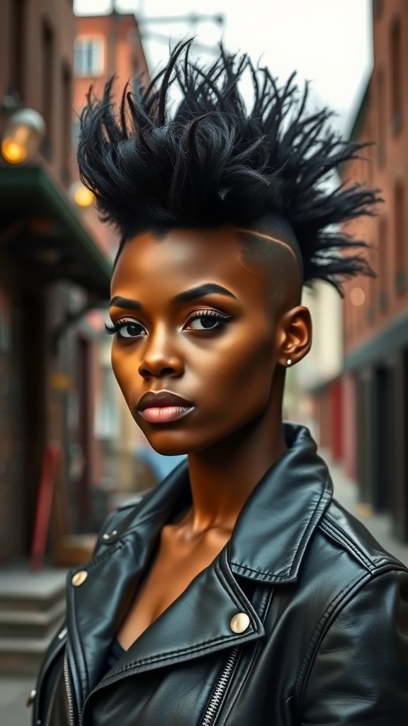 A woman with a Frohawk hairstyle, showcasing bold curls and shaved sides, wearing a leather jacket.